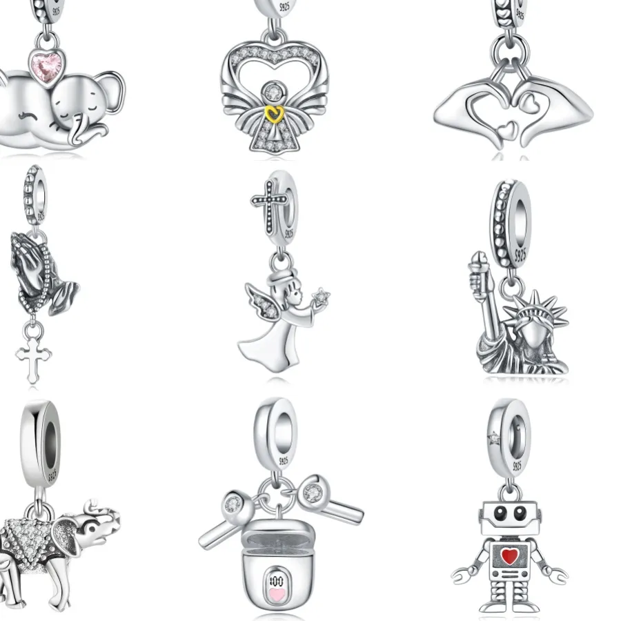 Authentic 925 Sterling Silver Simple Silver Elephant Pendants Bracelet Charms Fit Women Jewelry Party Decorate Beads DIY Accessory