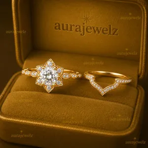 Authentic 14k Yellow Gold Plated Round Cut Pass Tester Moissanite Bridal Band Ring Set