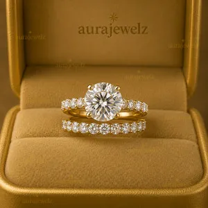 Authentic Pass Tester Moissanite Bridal Band Ring 14k Yellow Gold Plated 3Ct Round Cut Set