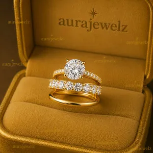 Authentic Round Cut Pass Tester Moissanite Bridal Band Ring 14k Yellow Gold Plated Set