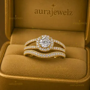 Authentic 14k Yellow Gold Plated Round Cut Pass Tester Moissanite Bridal Band Ring Set