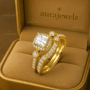 Authentic Pass Tester Moissanite Bridal Band Ring 14k Yellow Gold Plated Princess Cut Set