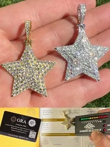 Authentic Real Moissanite 925 Silver /14k Gold Plated Star Pendant Necklace Pass Tester