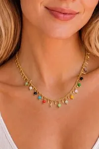 Authentic 18K Gold Plated Colorful Bead Fringe Pendant Choker Necklace