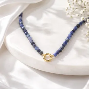 Authentic Mystic Blue Stone Bead Necklace - 18K Gold Plated Charm of Customizable Protection