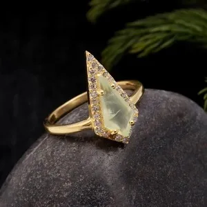 Authentic Natural Prehnite 925 Sterling Silver Jewelry Gold Plated Kite Cut Gemstone Ring