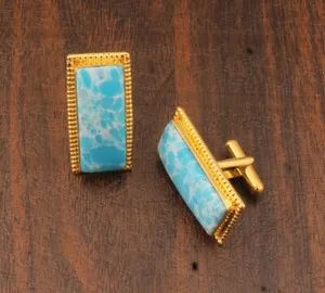 Authentic Natural larimar Gemstone Gold Plated 925 Sterling Silver Cufflink For Men's