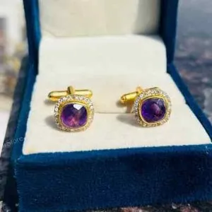 Authentic Amethyst Love Cufflinks - Natural Gemstone Gold Plated Sterling Silver Charm for Romantic Connections