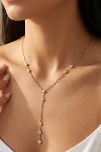 Authentic Celestial Y-Lariat Amulet: 18K Gold-Plated CZ Bezel Talisman