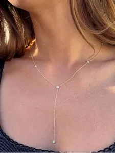 Authentic Embracing Inner Light - 14k Gold Plated Dainty Lariat Necklace with Crystal Accents