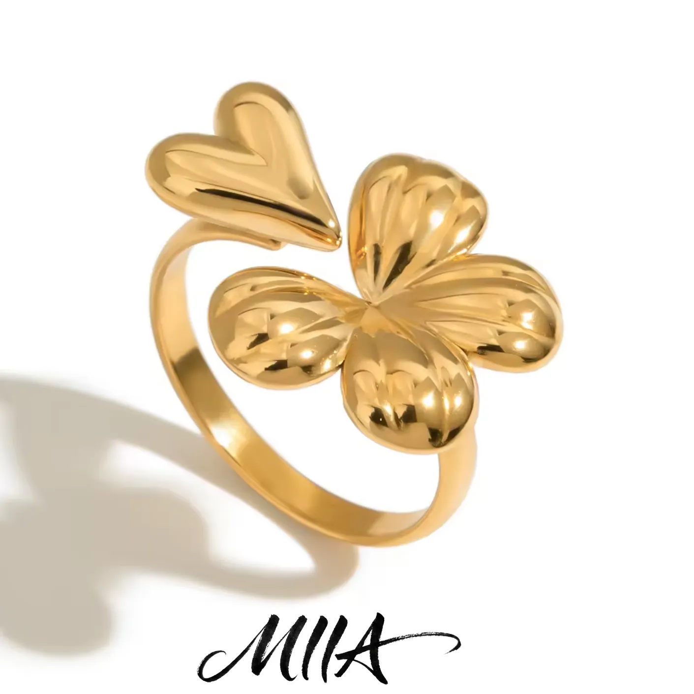 Authentic Miia Cute Floral Heart Adjustable Ring for Women 18K Gold Plated Dainty Stackable Sweet Jewelry Love