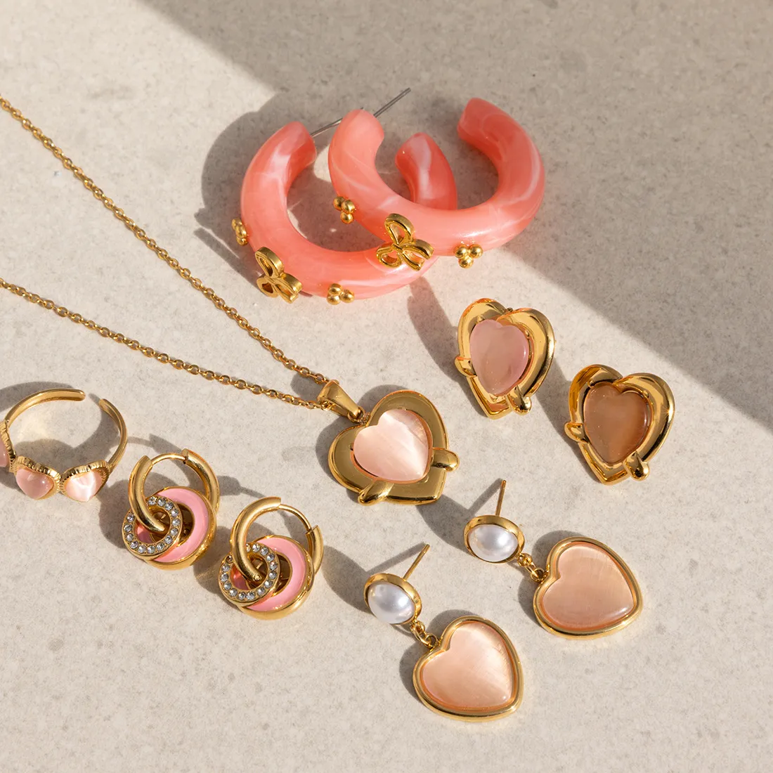 Authentic Pink Opal Love Heart Drop Earrings Polished 18K Gold Plated Double Circle Ear Hoops Bride Wedding Jewelry Accessories
