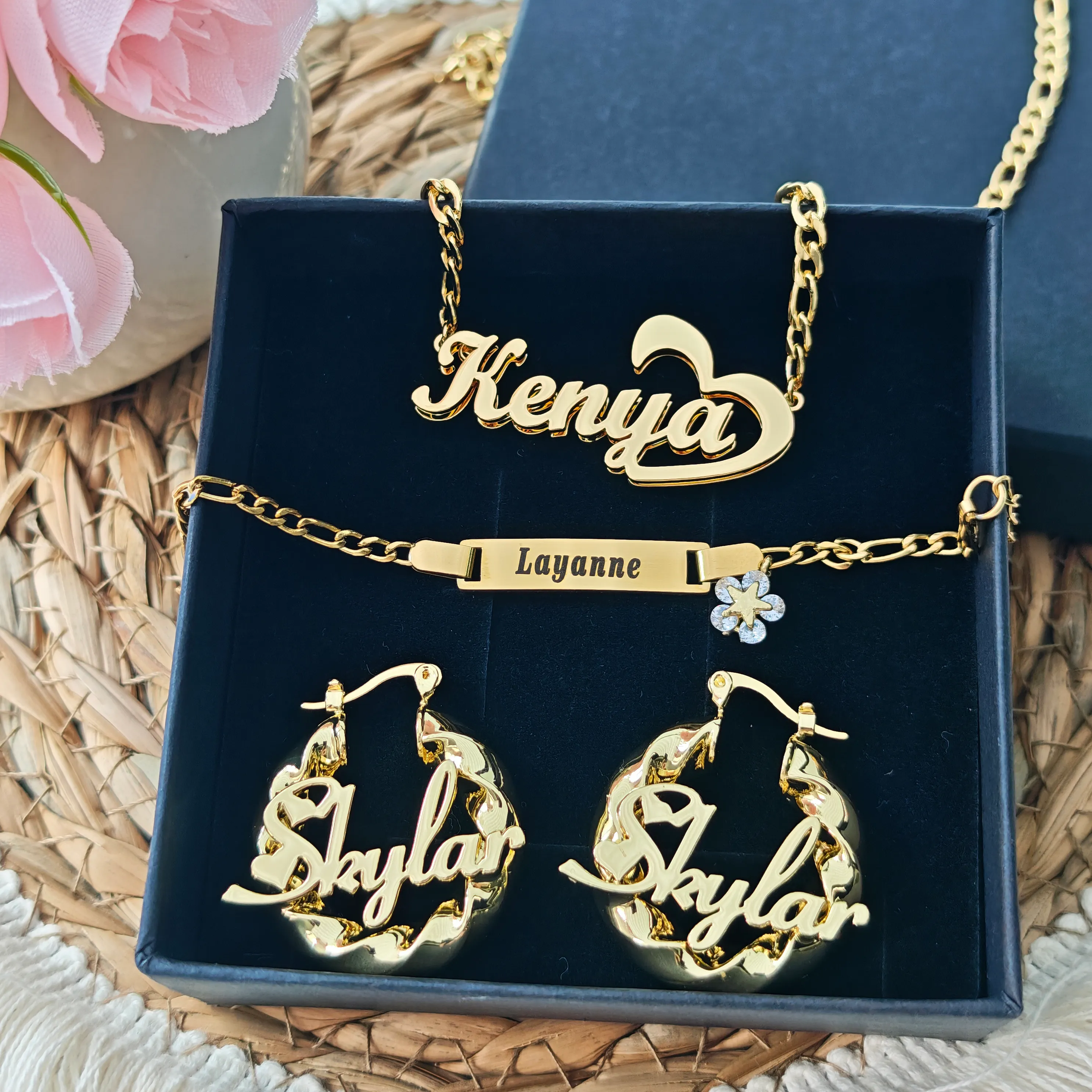 Authentic DUOYING Custom Jewelry Set Flower Zircon Bracelet Love Necklace 18K Gold Plated Mother's Day Women