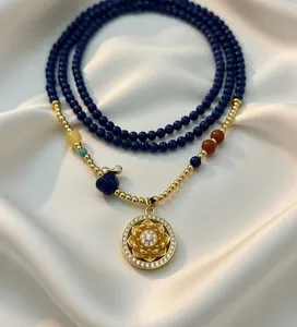 Authentic Old Mine Lapis Mala Necklace Gold Plated 925 Silver Lotus Pendent Diamond Accent