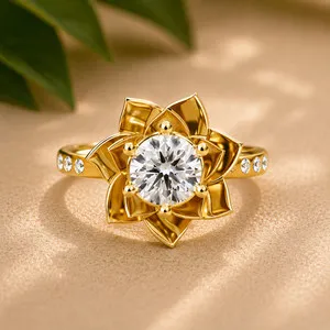 Authentic 1.10 CTW Round Lab Grown Diamond Lotus Flower Engagement Ring 925 Silver DEF VVS