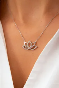 Authentic Lotus Daily Wear Pendant 0.20Ct Round Moissanite 18" Chain 14K White Gold Plated