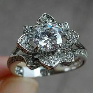 Authentic 2.50Ct Round Cut Lab Created Diamond Lotus Engagement Ring 14K White Gold Plated