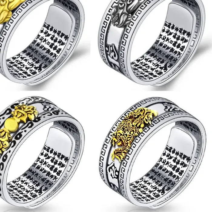 Authentic Adjustable Open Pixiu Heart Sutra Ring For Men Retro Engraved Dragon Amulet Ring Feng Shui Wealth Protection Lucky Jewelry