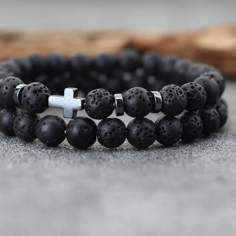 Authentic Creative 2Pcs Cross Beaded Bracelet Set Natural Wooden Howlite Lava Stone Amulet Braslet Healing Leisure Hombre Pulseira