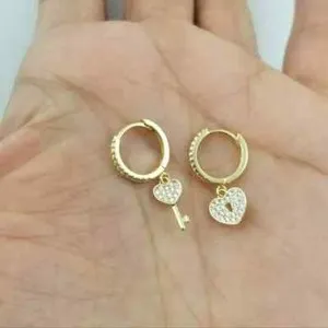 Authentic Real Moissanite 1Ct Round Cut Key Lock Heart Hoop Earrings 14KYellow Gold Plated