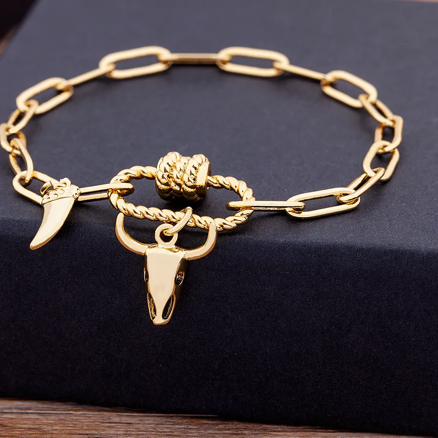 Authentic Design Bull Head Link Bracelet Animal Pendant Beads Micro Pave Zircon Bangle Birthday Jewelry