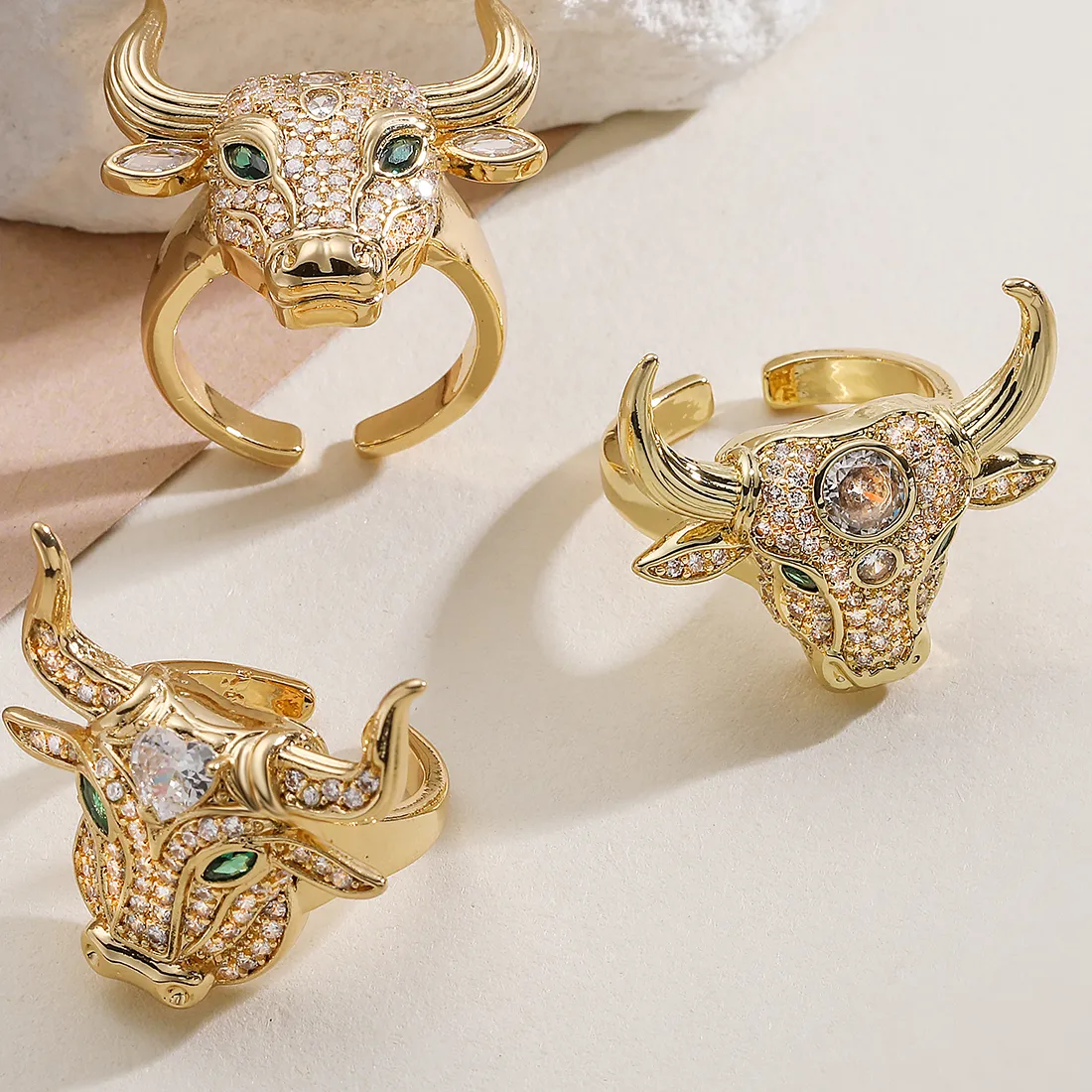 Authentic Bull Head Ring For Men Women Full Paved CZ Green Eyes Taurus Adjustable Open Cuff Ring Statement Biker Jewelry