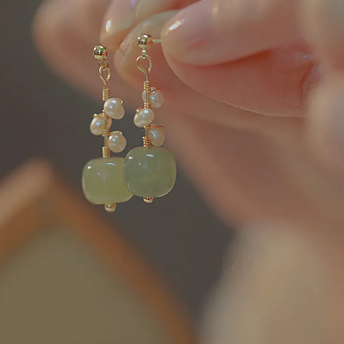 Authentic Whispers of the Celestial Court: Imitation Hetian Jade and Pearl Drop Earrings