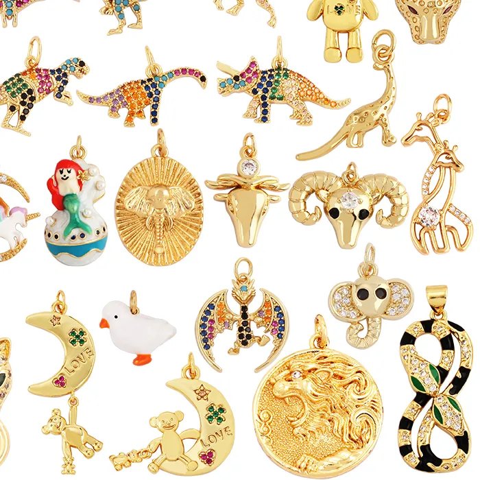 Authentic Dinosaur Snake Bird Bear Buffalo Cow Bull Leopard Head Elephant Animal Charm Pendant,18K Gold Zircon Necklace Jewelry Supply L31