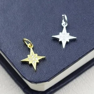 Authentic 1PC Sterling Silver 18K Gold Plated Vermeil Starburst Charm Pendant, Cubic Zirc