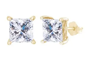 Authentic 14K Yellow Gold Plated Sterling Silver Cubic Zirconia Princess Stud Earrings