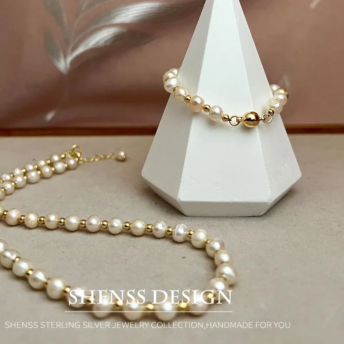 Authentic Classic Temperament Natural 5- 6Mm Freshwater Pearl Necklace Bracelet Plated 14K Gold Accessories