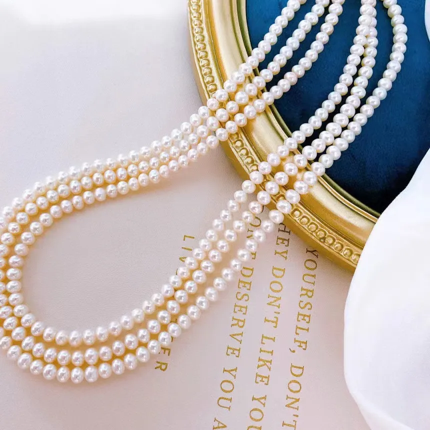 Authentic Queen's Natural Freshwater Nearly Round Pearl Necklace With Triple Clavicle Chain 5- 6Mm Mother's Day 37- 39Cm Ng