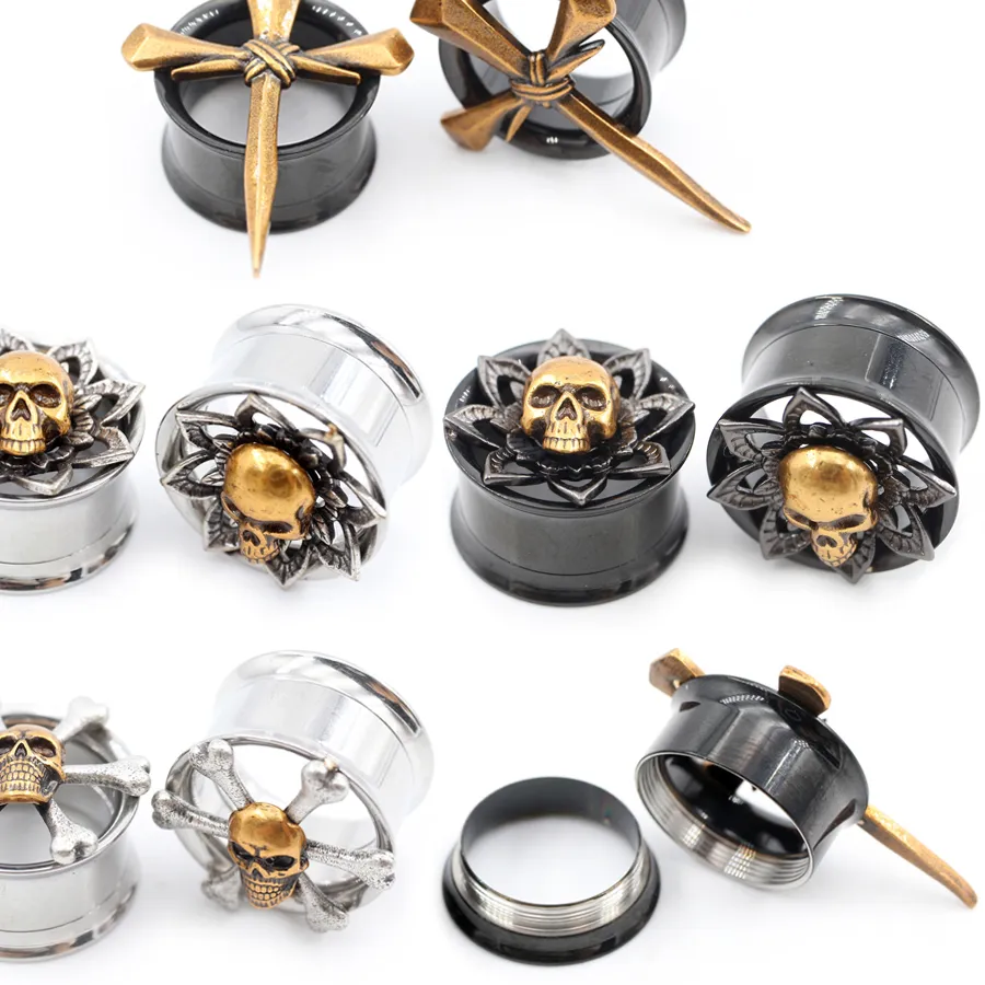 Authentic Alisouy 1Pc Cross Skull Flower Bone Ear Flesh Tunnel Plug Expander Stretcher Flared Gauges Body Piercing Jewelry