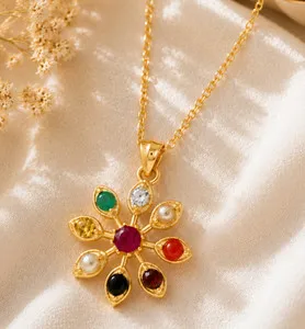 Authentic Navaratna Pendant Necklace 925 Sterling Silver Gold Plated Multicolor Gemstones
