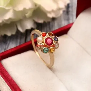 Authentic Natural Navaratna Gemstone With 18k Gold Plated Silver Women's Ring #987