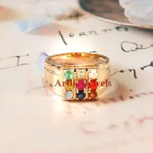 Authentic Navaratna Gemstone With 18k Gold Plated Silver Ring For Men's #1132