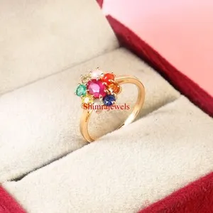 Authentic Natural Navaratna Gemstone With 18k Gold Plated Silver Women's Ring #1134