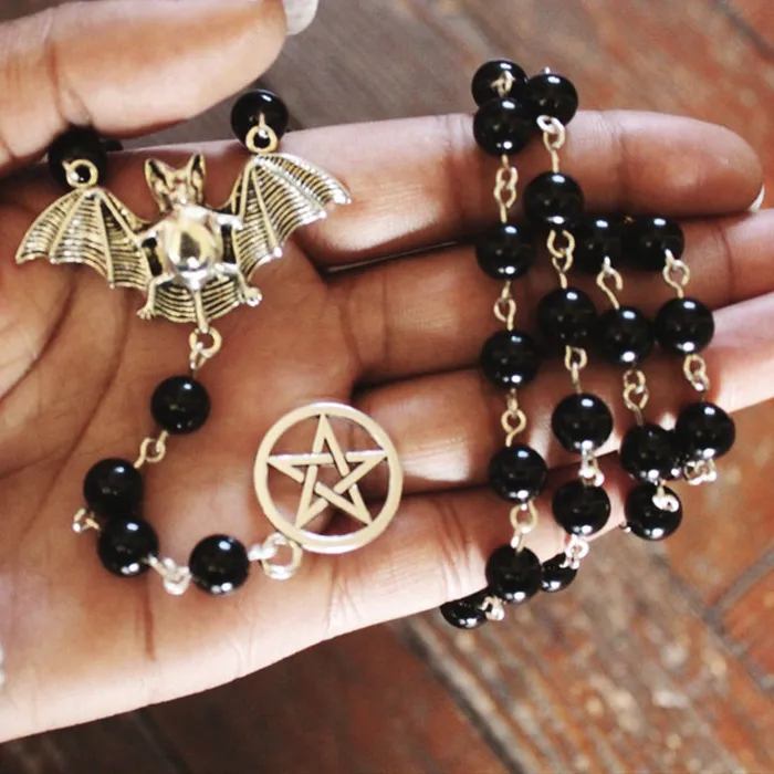 Authentic The Nocturnal Guardian: Obsidian Bat and Pentagram Rosary