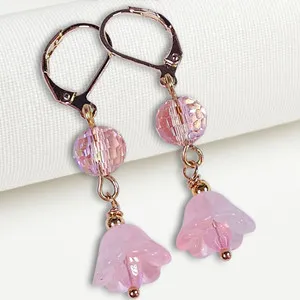 Authentic Pink Crystal Bell Flower Earrings Dangle Drop 14K Gold Plated Handmade