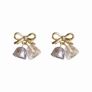 Authentic 14K Gold Plated Bow Bell Earrings Cute Crystal Dangle Stud Earrings 281