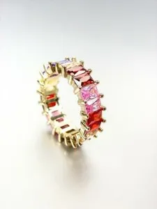 Authentic EXQUISITE 18kt Gold Plated Pink Red Multi Baguette CZ Crystals Statement Ring