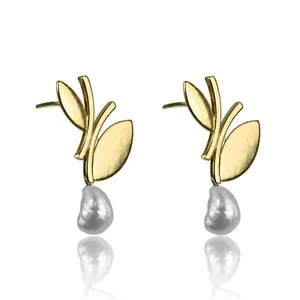 Authentic Natural Freshwater Pearl Tree Leaf Design Gold Plated Push Back Dangle Earrings