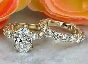 Authentic 3 Ct Oval Cut Real Moissanite Bridal Wedding Ring Set 14k Yellow Gold Plated