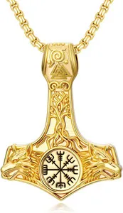 Authentic 14K Gold Plated Viking Thor Hammer Pendant Necklace with Vegvisir Runes