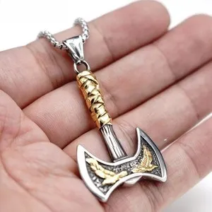 Authentic Mens Gold Plated Nordic Viking Raven Axe Pendant Necklace decor