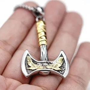 Authentic Mens Gold Plated Nordic Viking Raven Axe Pendant Necklace