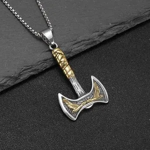 Authentic Mens Gold Plated Nordic Viking Raven Axe Pendant Necklace