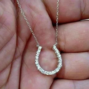 Authentic 2Ct Round Moissanite Horseshoe Pendant Necklace 14K White Gold Plated