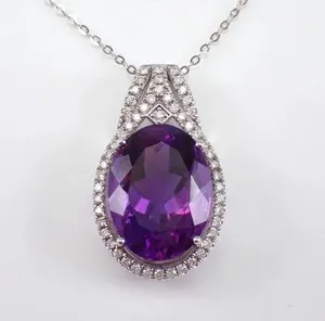 Authentic 3 00Ct Oval Cut Lab Created Amethyst Halo Women's Pendant 14K White Gold Plated