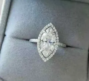 Authentic 3.00 Ct Marquise Cut Moissanite Engagement Wedding Ring 14K White Gold Plated